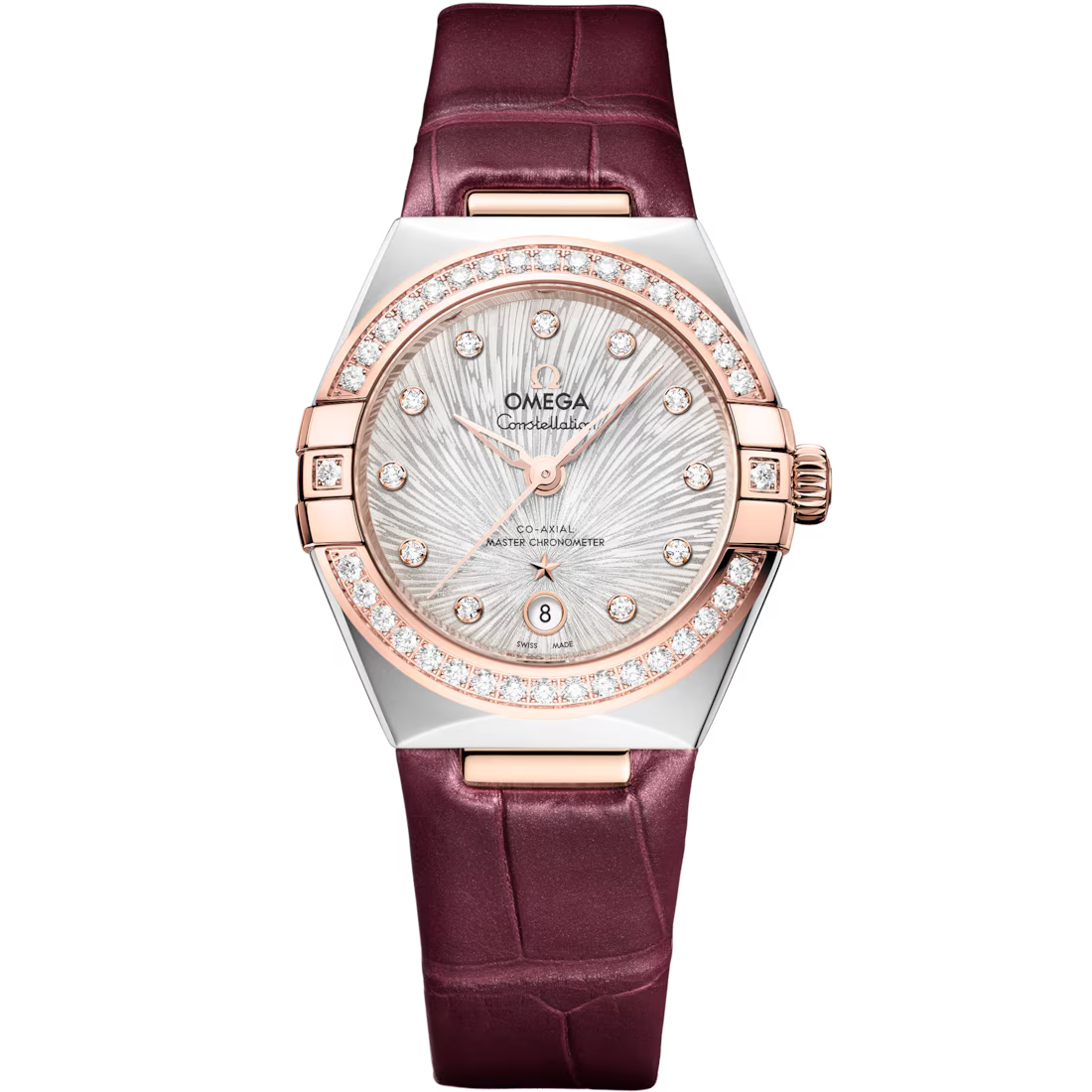 Omega Constellation 29mm Steel And Sedna Gold Case Diamond Bezel PVD Canopus Gold Silver Dial Burgundy Leather Strap 131.28.29.20.52.001