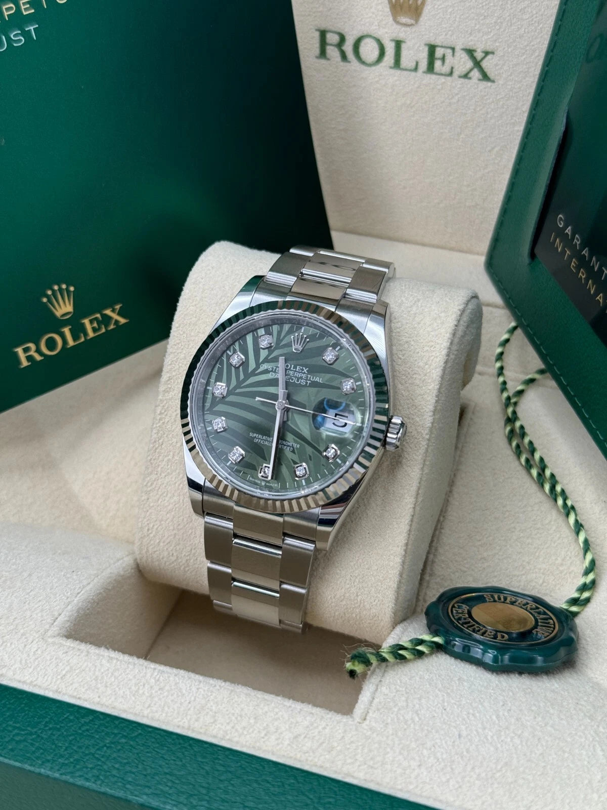 Rolex Datejust 36mm 126234 Olive Green Palm Motif Diamond Dial Jubilee Stainless Steel Watch - Image 5
