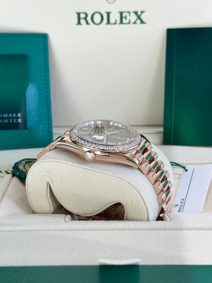 Rolex President 40mm Everose Gold Olive Green Roman Dial Diamond Bezel - 228345RBR - Image 6