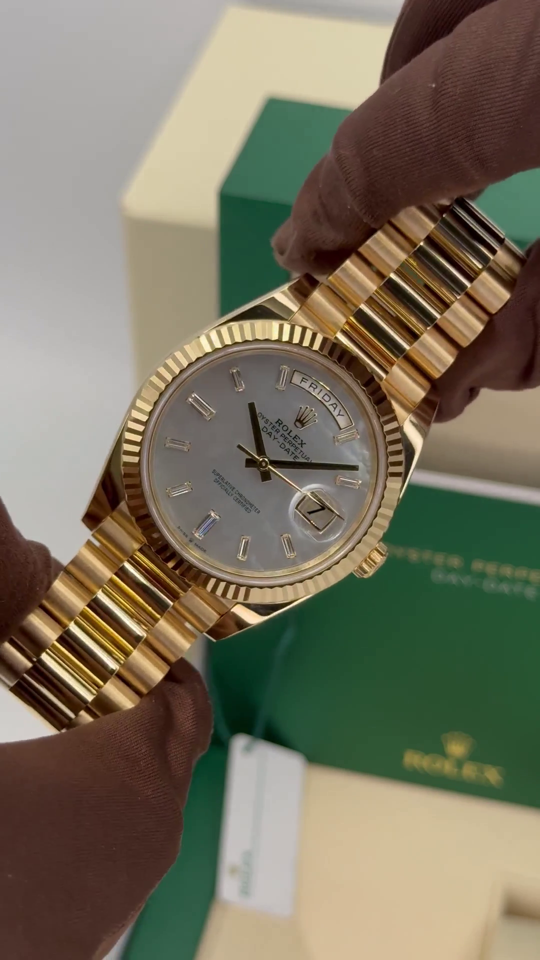 Rolex Day-Date 40mm Yellow Gold President Mother of Pearl Diamond Baguette Dial - 228238 - Image 8