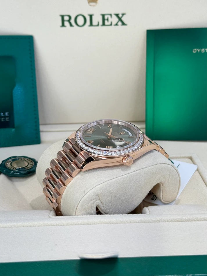 Rolex President 40mm Everose Gold Olive Green Roman Dial Diamond Bezel - 228345RBR - Image 7