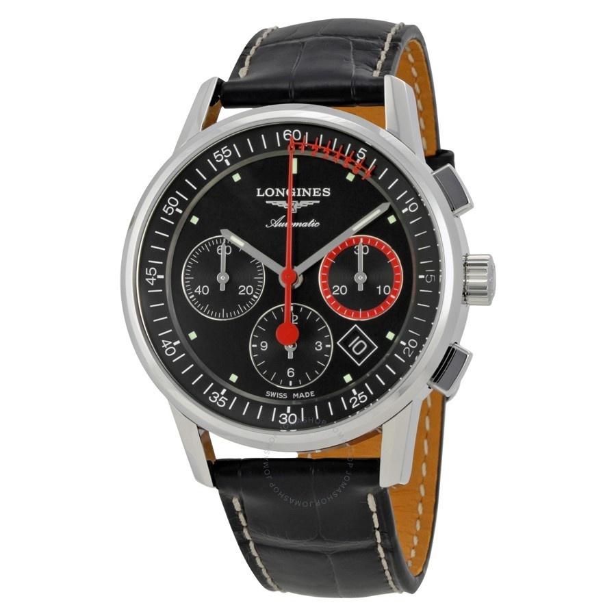 Longines Men's L47544524 Heritage Chronograph Automatic Black Leather Watch
