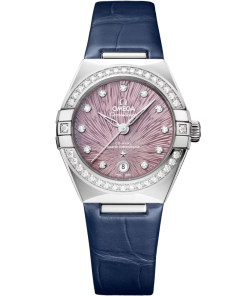 Omega Constellation - 29mm Steel Case - Diamond Bezel - PVD Lilac Dial - Blue Leather Strap 131.18.29.20.60.001