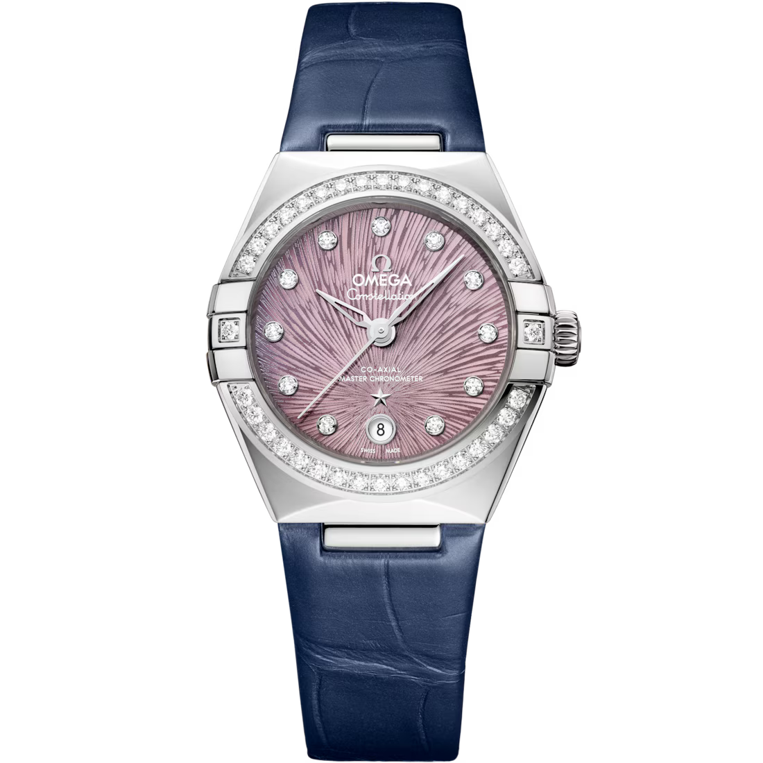Omega Constellation - 29mm Steel Case - Diamond Bezel - PVD Lilac Dial - Blue Leather Strap 131.18.29.20.60.001
