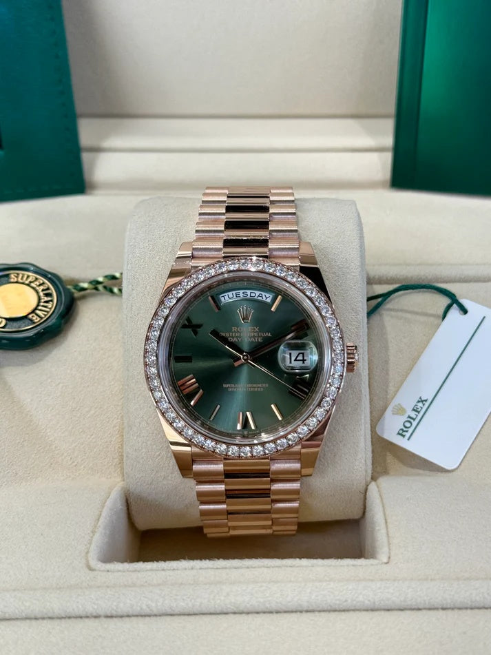 Rolex President 40mm Everose Gold Olive Green Roman Dial Diamond Bezel - 228345RBR - Image 2