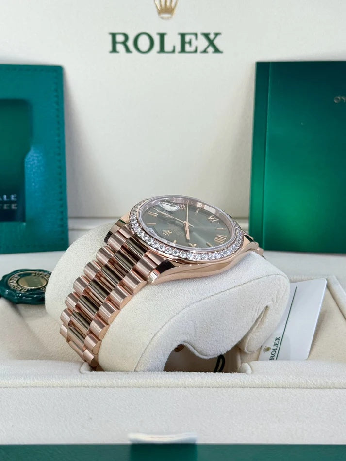 Rolex President 40mm Everose Gold Olive Green Roman Dial Diamond Bezel - 228345RBR - Image 5