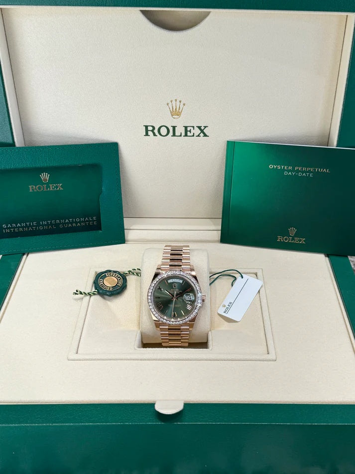 Rolex President 40mm Everose Gold Olive Green Roman Dial Diamond Bezel - 228345RBR - Image 9
