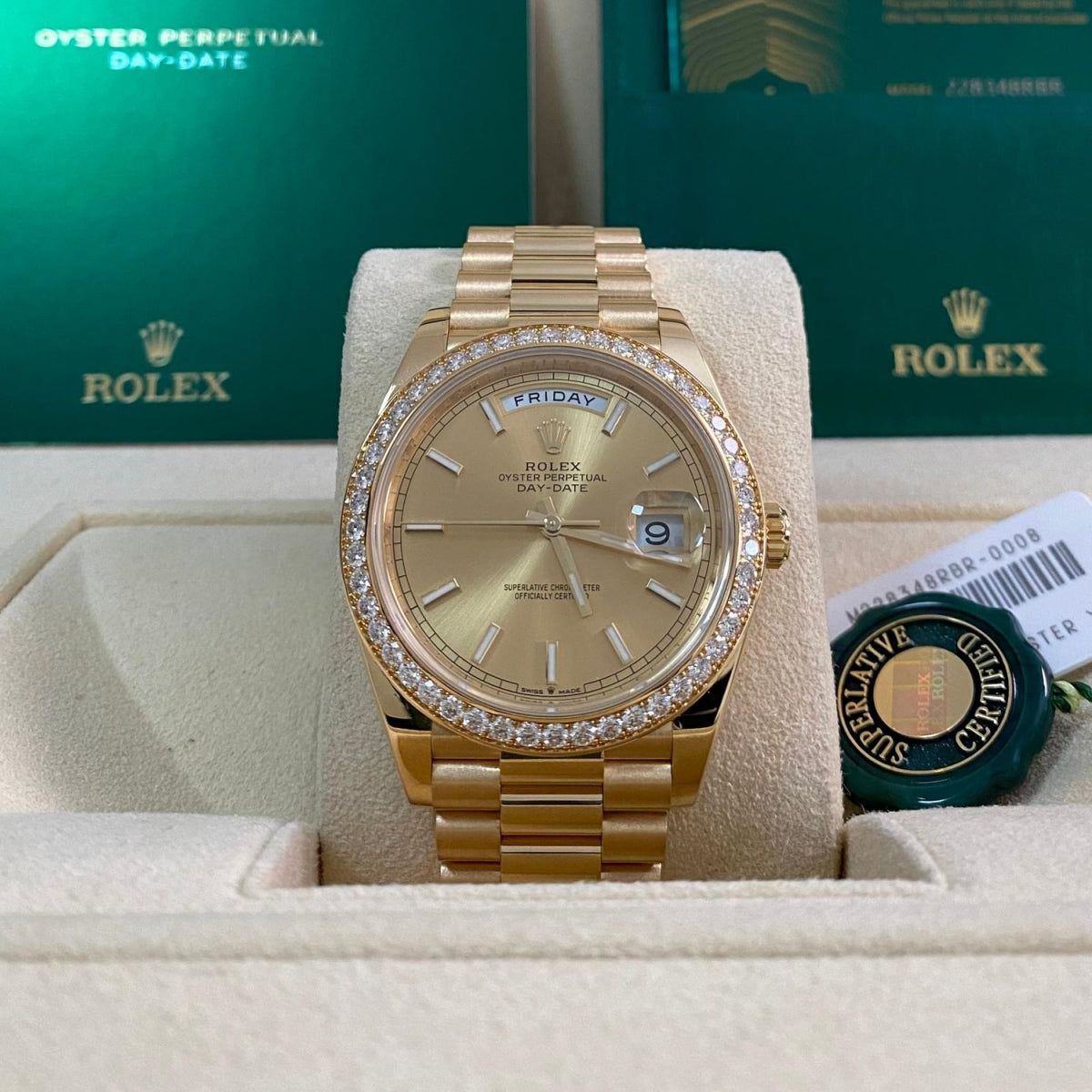 Rolex Day-Date 40mm Champaign Dial and Diamond Bezel Yellow Gold President Bracelet 228348RBR-0008 - Image 4