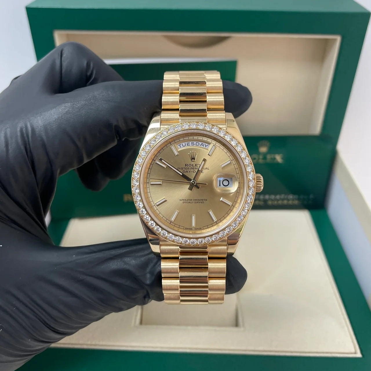 Rolex Day-Date 40mm Champaign Dial and Diamond Bezel Yellow Gold President Bracelet 228348RBR-0008 - Image 3