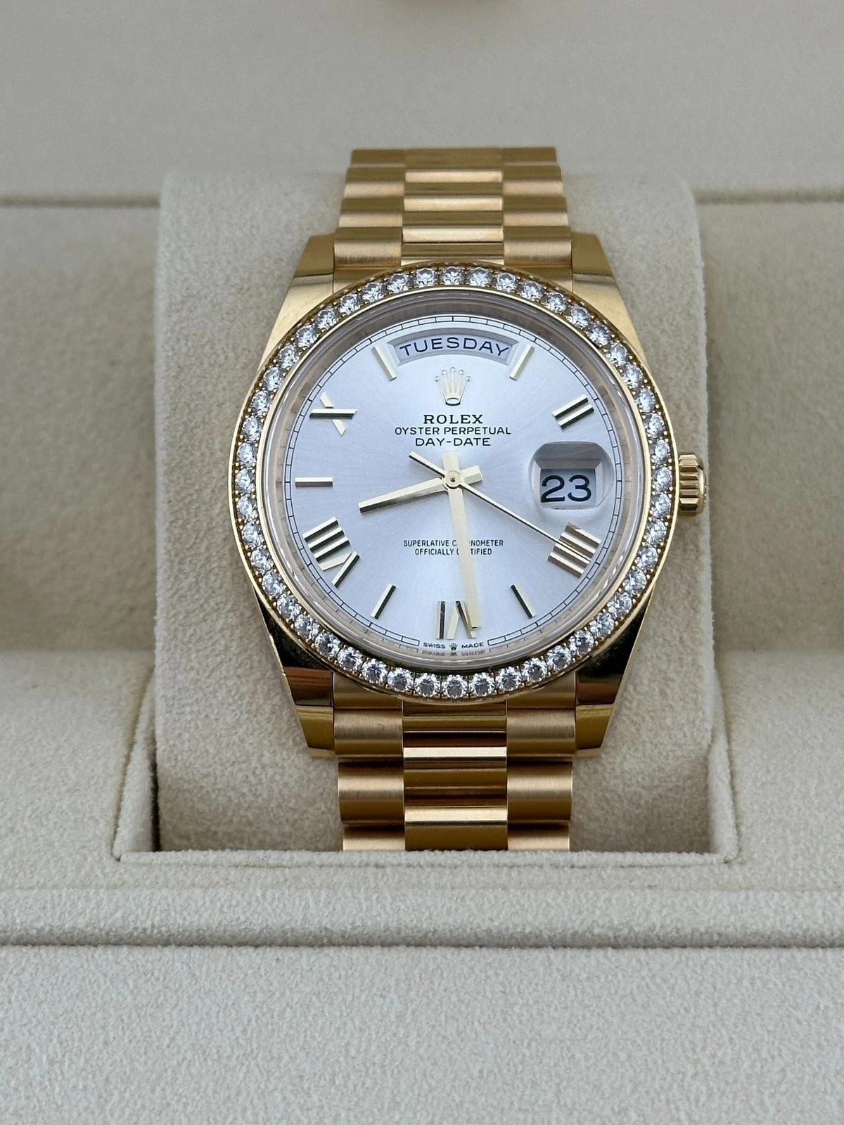 Rolex Day-Date 40mm Silver Roman Dial and Diamond Bezel Yellow Gold President Bracelet 228348RBR-0007 - Image 3