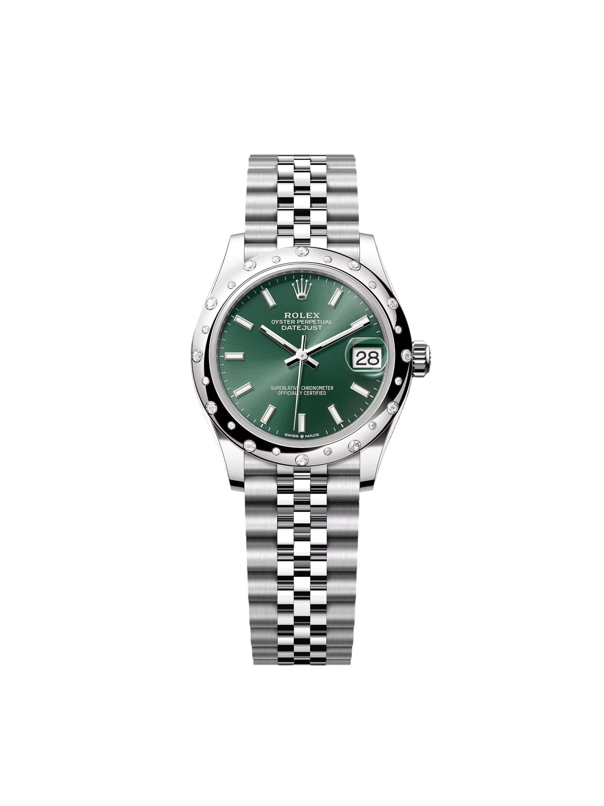 Rolex Datejust m278344-0019/0020 Mint Green Dial 31mm Domed Diamond Oyster Watch