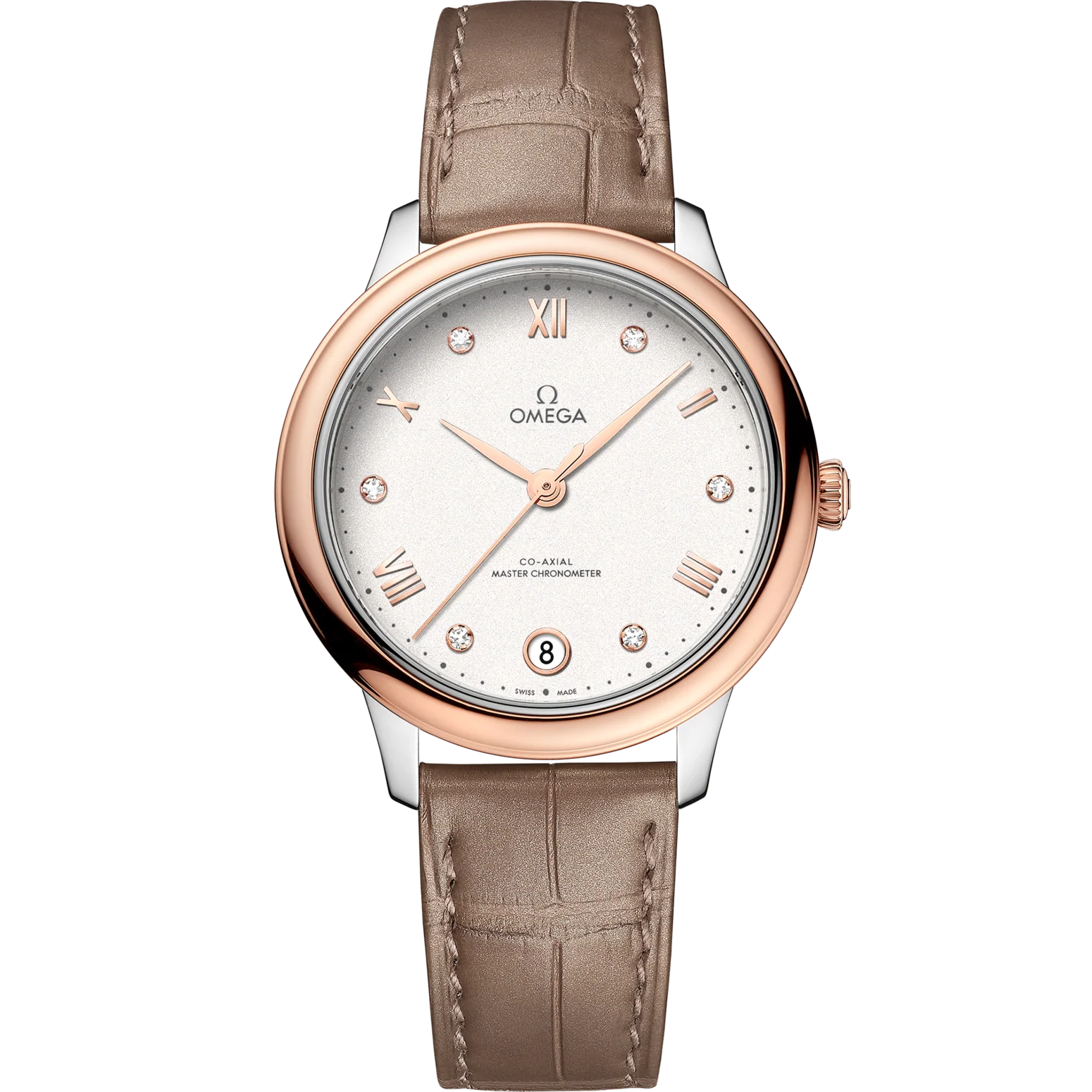 Omega De Ville Prestige 34 mm Silver Dial with Diamonds Stainless Steel and Sedna�?18k Rose Gold Strap 434.23.34.20.52.001