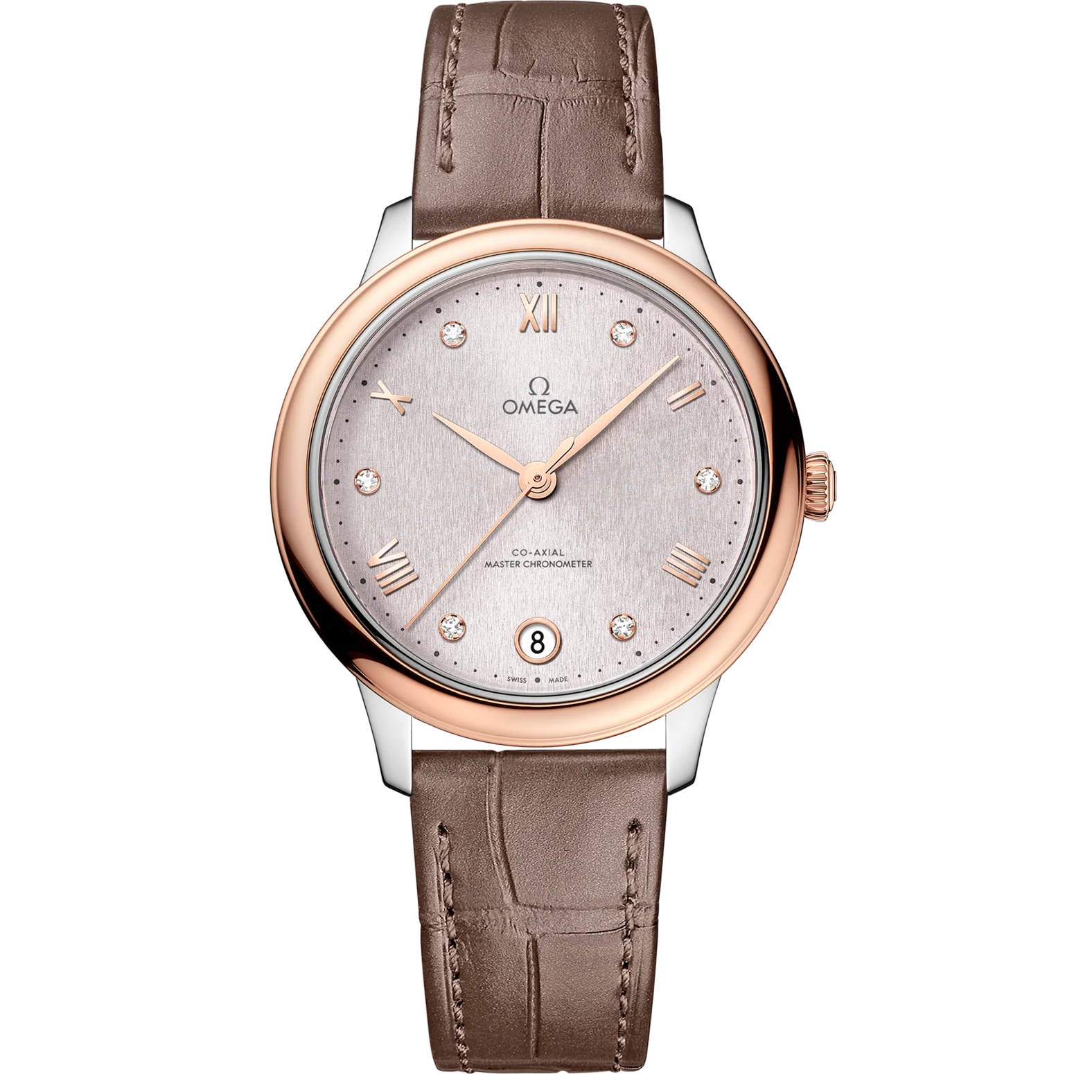 Omega De Ville Prestige 34mm Silver Dial with Diamonds Stainless Steel and Sedna�?18k Rose Gold Strap 434.23.34.20.52.003