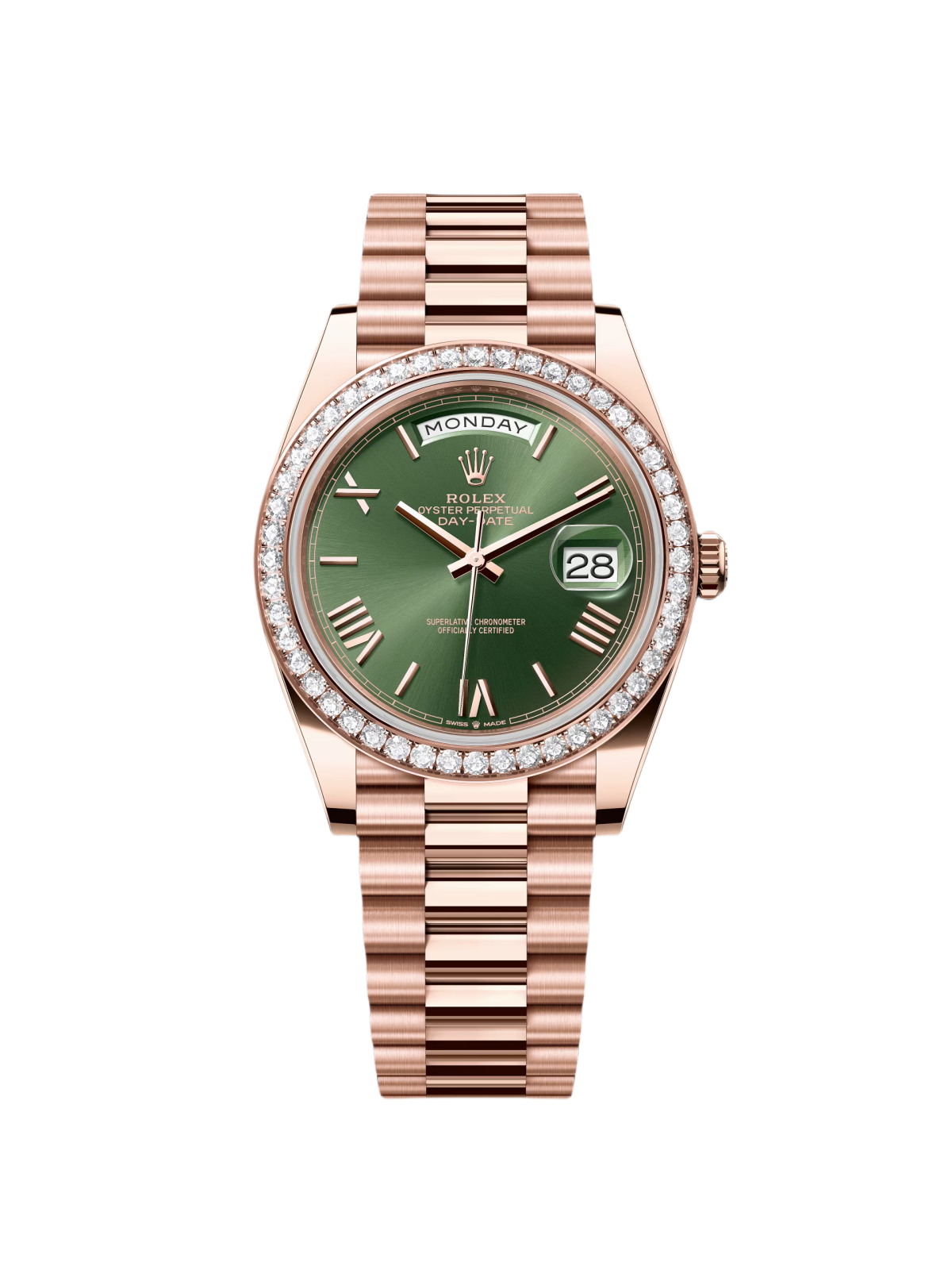 Rolex President 40mm Everose Gold Olive Green Roman Dial Diamond Bezel - 228345RBR